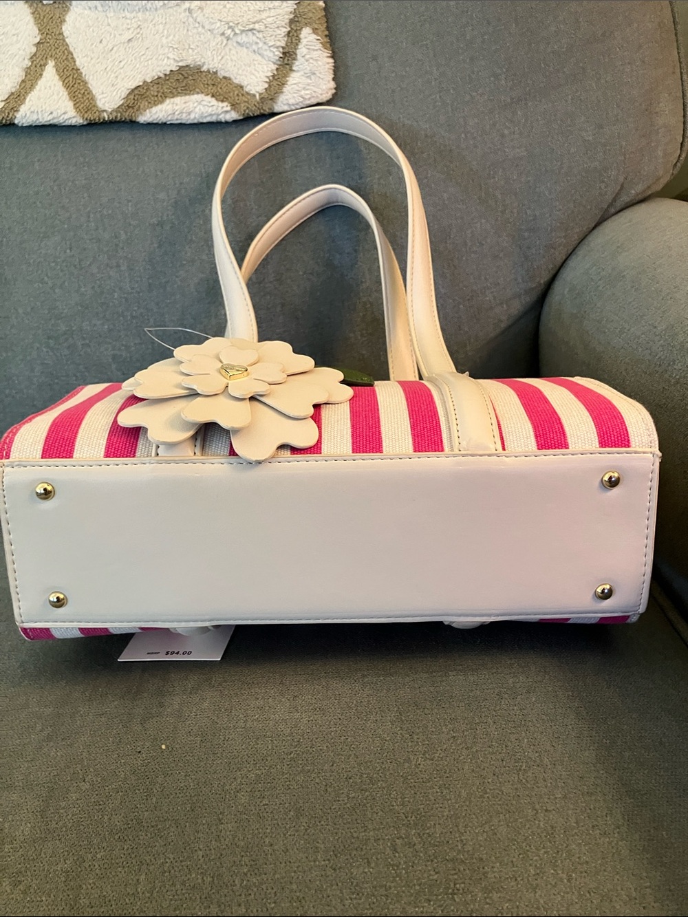 🩷Betsey Johnson XOMACK pink & beige striped satchel handbag w/flower charm NWT - Picture 5 of 13